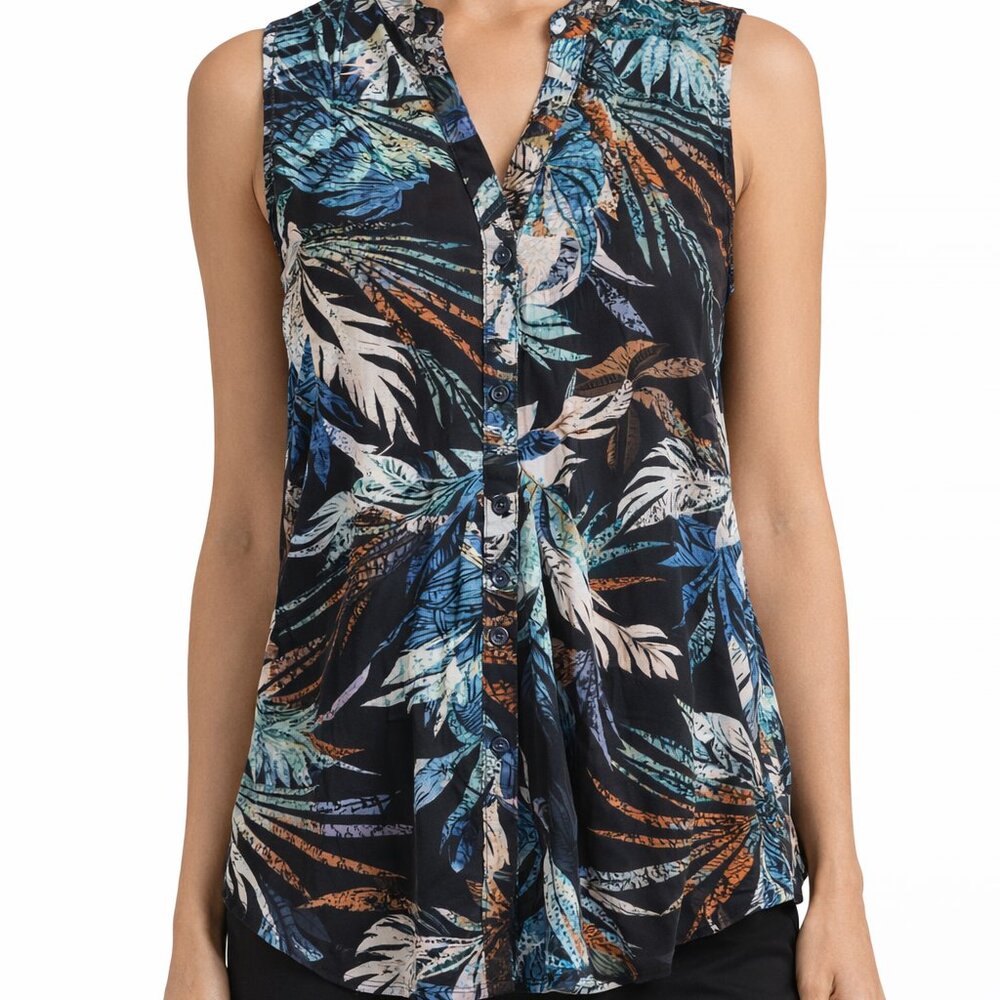Kenar Tropical Leaf Button-Up Top Sleeveless V-Neck Multicolour Print Size M